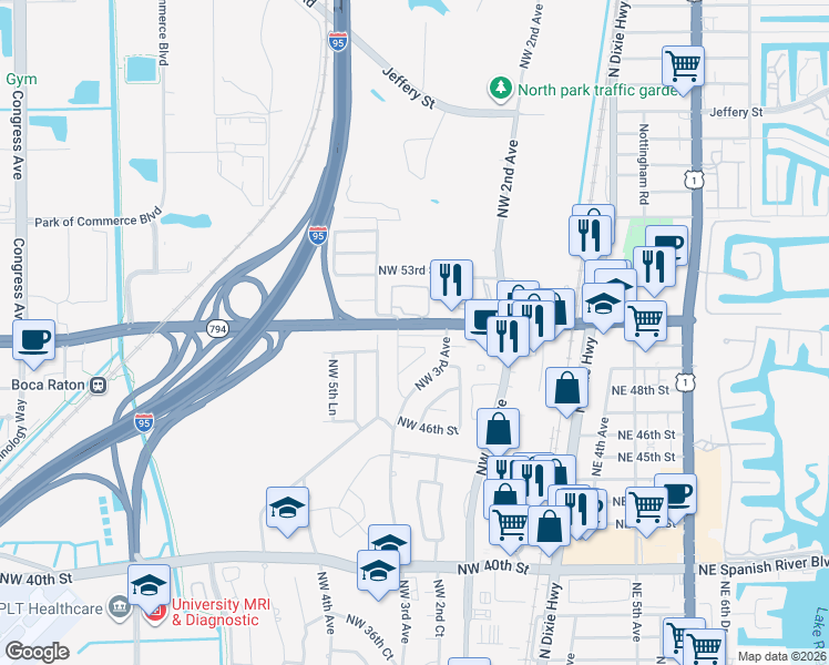 map of restaurants, bars, coffee shops, grocery stores, and more near 5031 Northwest 3rd Terrace in Boca Raton