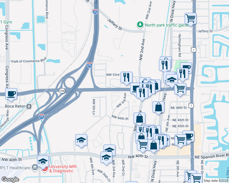 map of restaurants, bars, coffee shops, grocery stores, and more near 5067 Northwest 4th Avenue in Boca Raton