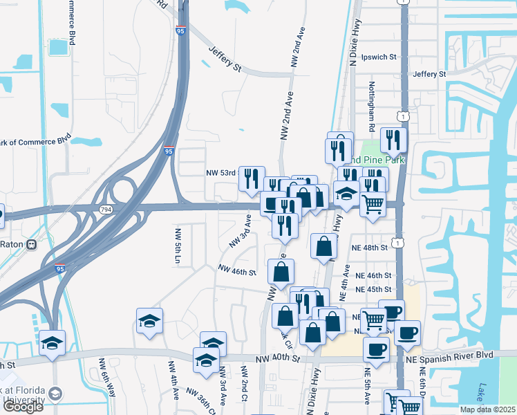 map of restaurants, bars, coffee shops, grocery stores, and more near 276 Northwest 51st Street in Boca Raton