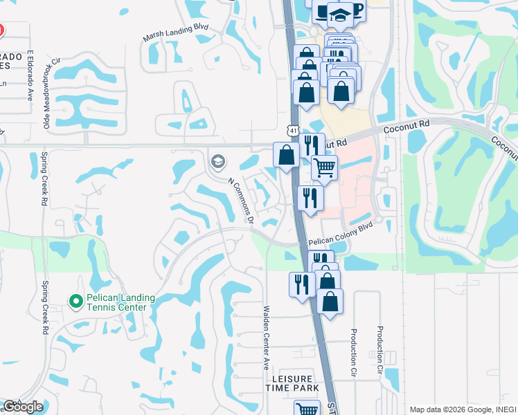 map of restaurants, bars, coffee shops, grocery stores, and more near 23660 Walden Center Drive in Estero