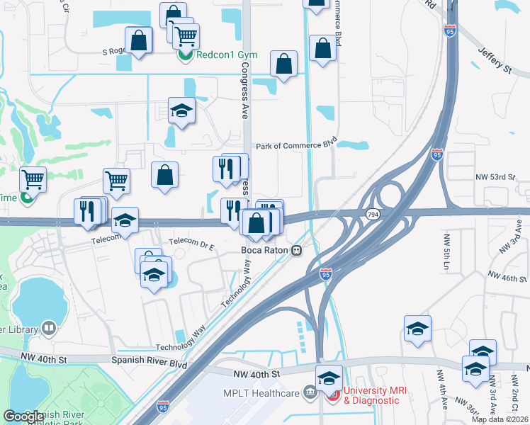 map of restaurants, bars, coffee shops, grocery stores, and more near 690 Northwest 51st Street in Boca Raton