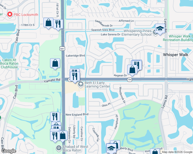 map of restaurants, bars, coffee shops, grocery stores, and more near 9706 Richmond Circle in Boca Raton