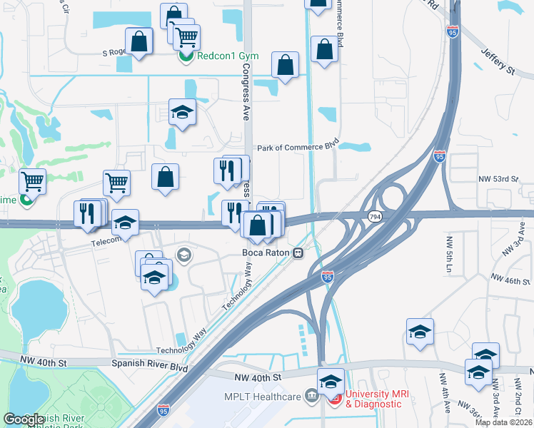 map of restaurants, bars, coffee shops, grocery stores, and more near 690 Northwest 51st Street in Boca Raton