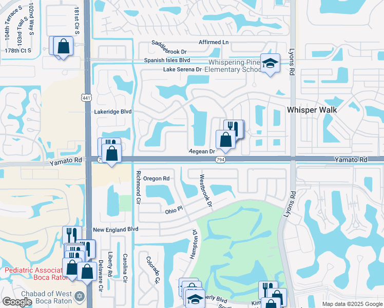 map of restaurants, bars, coffee shops, grocery stores, and more near 9474 Aegean Drive in Boca Raton
