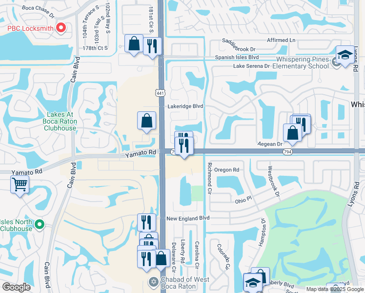 map of restaurants, bars, coffee shops, grocery stores, and more near 18909 Cloud Lake Circle in Boca Raton