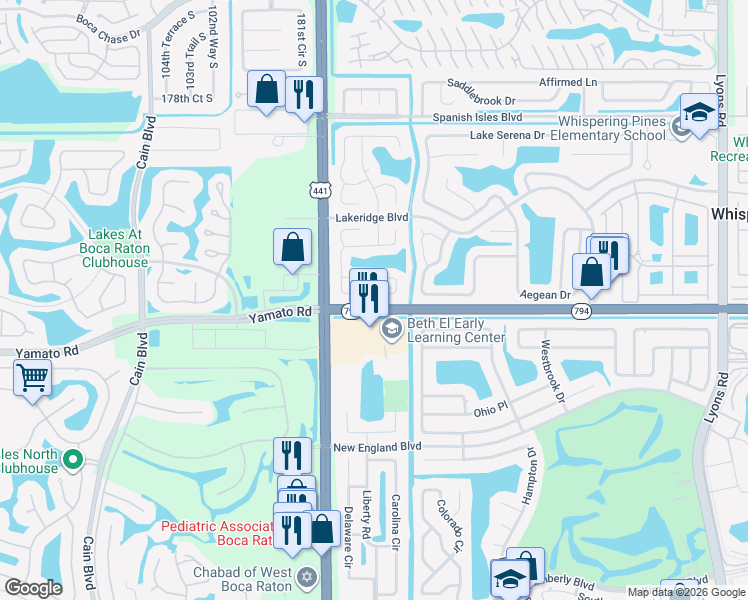 map of restaurants, bars, coffee shops, grocery stores, and more near 18909 Cloud Lake Circle in Boca Raton