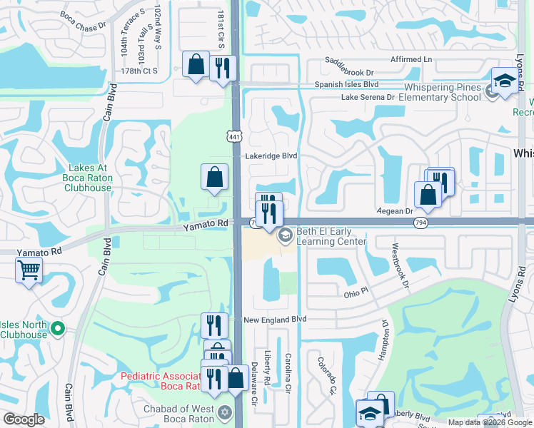 map of restaurants, bars, coffee shops, grocery stores, and more near 18909 Cloud Lake Circle in Boca Raton