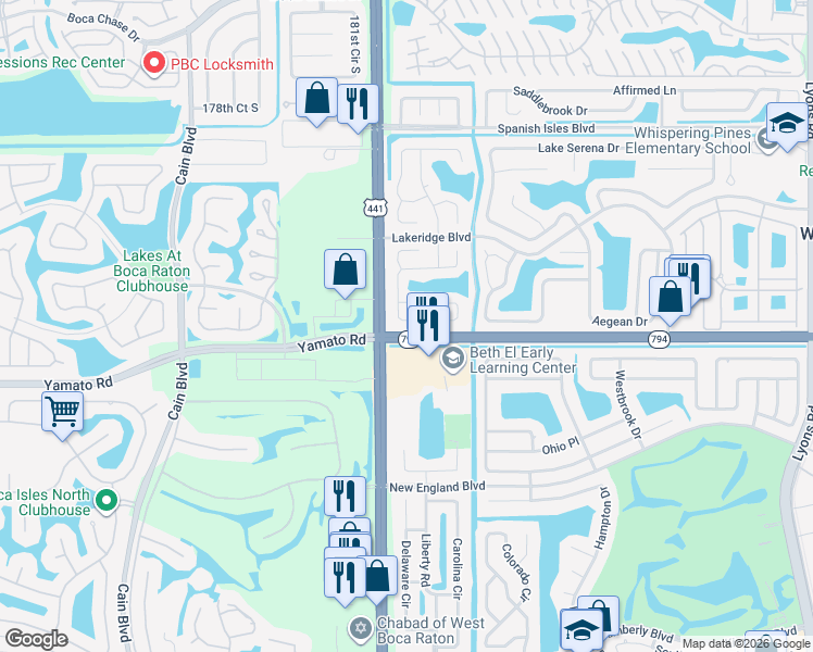 map of restaurants, bars, coffee shops, grocery stores, and more near 18893 Cloud Lake Circle in Boca Raton