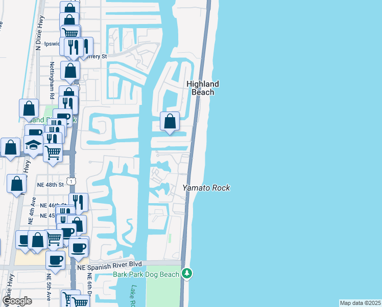 map of restaurants, bars, coffee shops, grocery stores, and more near 4600 South Ocean Boulevard in Highland Beach