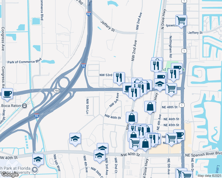 map of restaurants, bars, coffee shops, grocery stores, and more near 5031 Northwest 3rd Terrace in Boca Raton