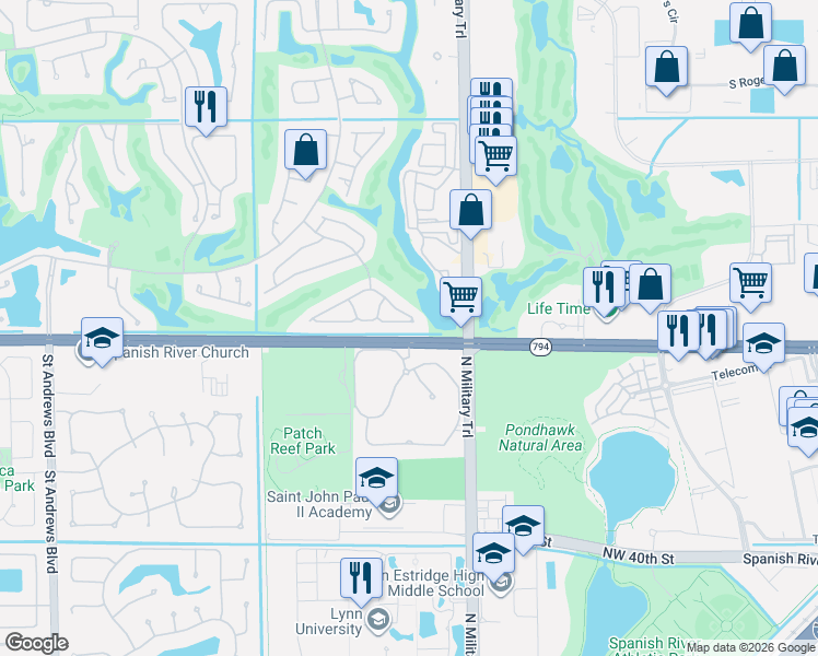 map of restaurants, bars, coffee shops, grocery stores, and more near 5050 Northwest 24th Circle in Boca Raton