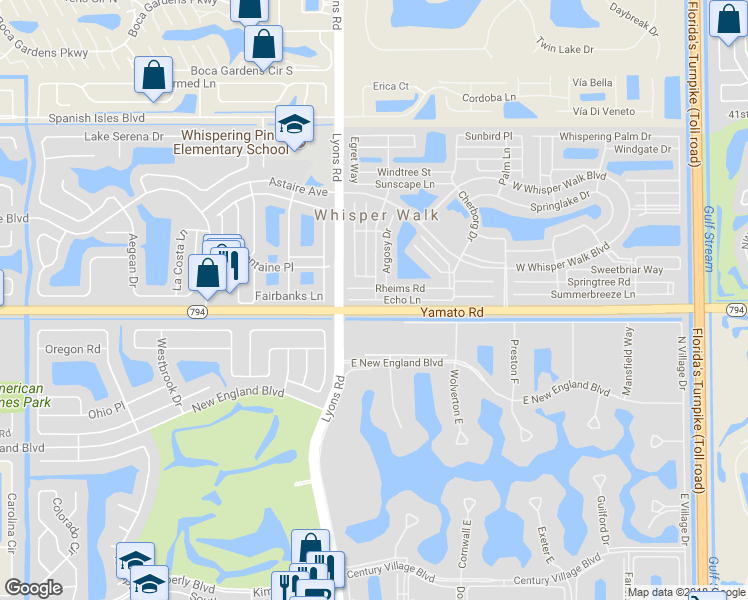 map of restaurants, bars, coffee shops, grocery stores, and more near 8917 Echo Lane in Boca Raton