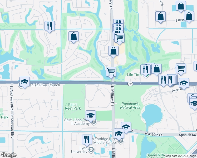 map of restaurants, bars, coffee shops, grocery stores, and more near 5050 Northwest 24th Circle in Boca Raton