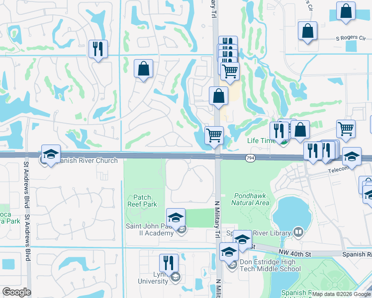 map of restaurants, bars, coffee shops, grocery stores, and more near 5050 Northwest 24th Circle in Boca Raton