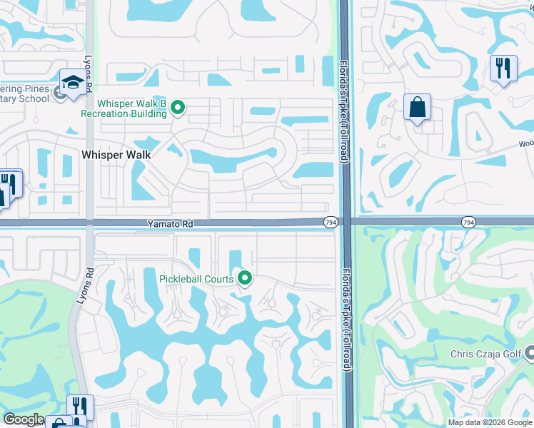 map of restaurants, bars, coffee shops, grocery stores, and more near 19555 East Village Drive in Boca Raton