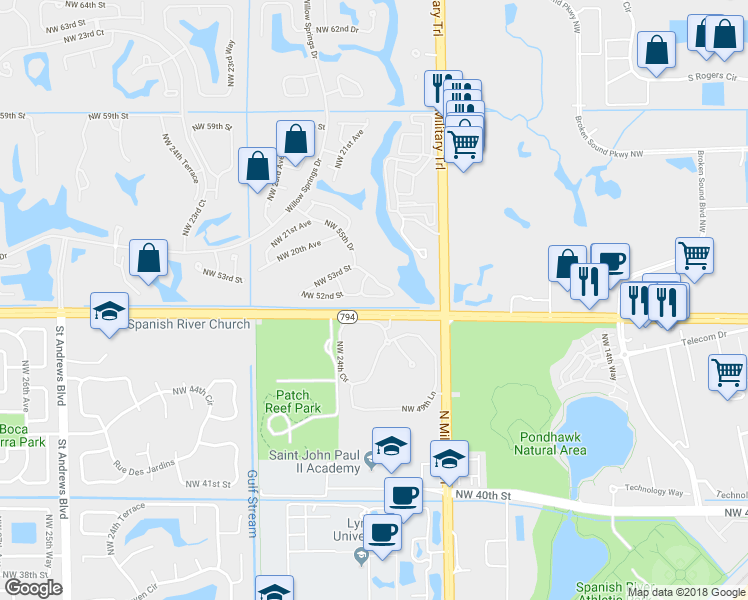 map of restaurants, bars, coffee shops, grocery stores, and more near 2066 Northwest 52nd Street in Boca Raton