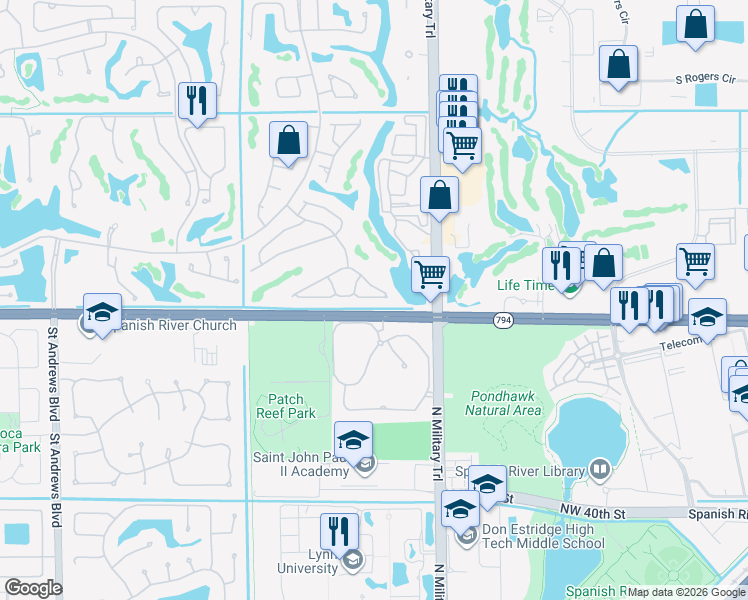 map of restaurants, bars, coffee shops, grocery stores, and more near 5050 Northwest 24th Circle in Boca Raton