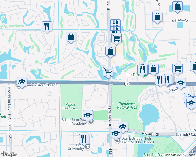 map of restaurants, bars, coffee shops, grocery stores, and more near 5050 Northwest 24th Circle in Boca Raton