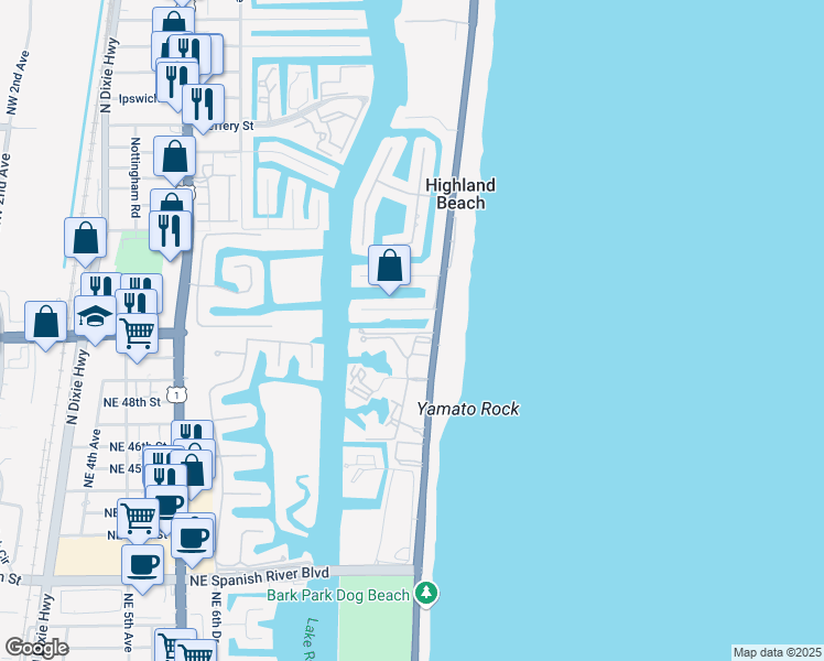 map of restaurants, bars, coffee shops, grocery stores, and more near 1130 Russell Drive in Highland Beach