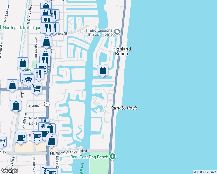map of restaurants, bars, coffee shops, grocery stores, and more near 1127 Boca Cove Lane in Highland Beach