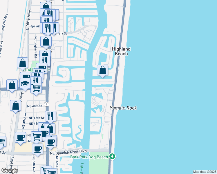 map of restaurants, bars, coffee shops, grocery stores, and more near 1130 Russell Drive in Highland Beach