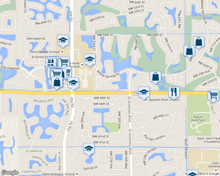 map of restaurants, bars, coffee shops, grocery stores, and more near 2561 Northwest 52nd Street in Boca Raton