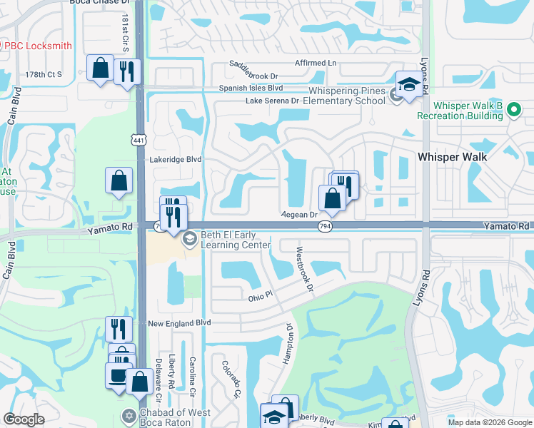 map of restaurants, bars, coffee shops, grocery stores, and more near 9506 Aegean Drive in Boca Raton