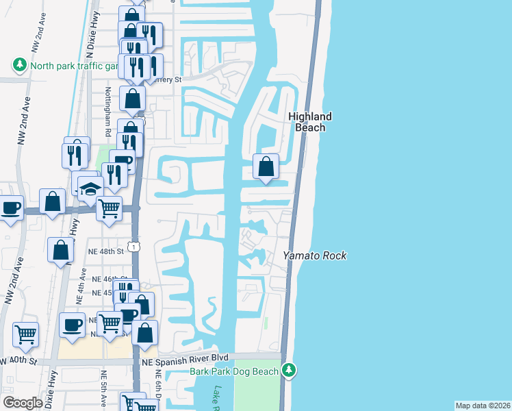 map of restaurants, bars, coffee shops, grocery stores, and more near 1040 Russell Drive in Highland Beach