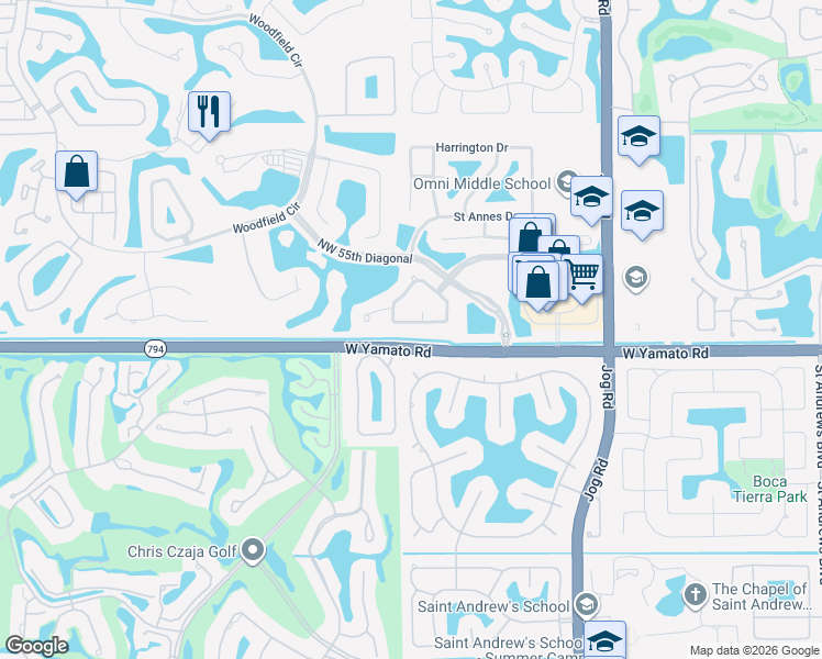 map of restaurants, bars, coffee shops, grocery stores, and more near 3347 Northwest 53rd Circle in Boca Raton