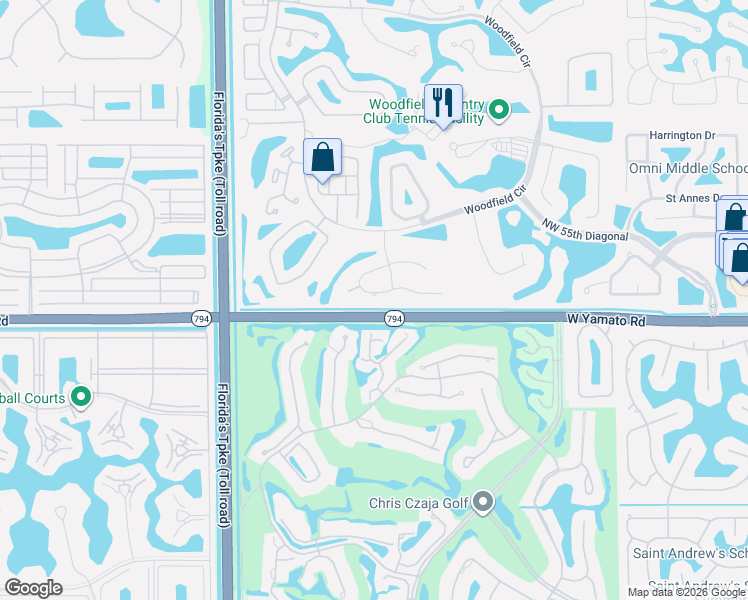 map of restaurants, bars, coffee shops, grocery stores, and more near 3949 Northwest 52nd Street in Boca Raton