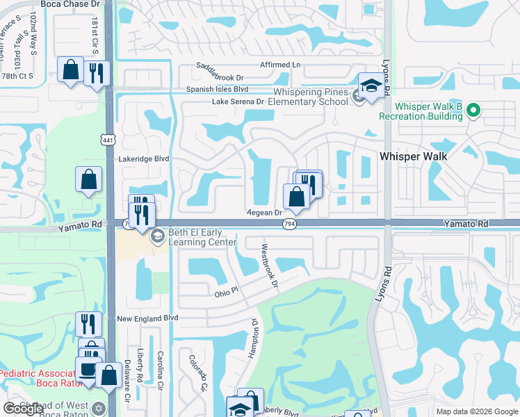 map of restaurants, bars, coffee shops, grocery stores, and more near 9461 Aegean Drive in Boca Raton