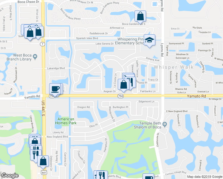 map of restaurants, bars, coffee shops, grocery stores, and more near 9457 Aegean Drive in Boca Raton