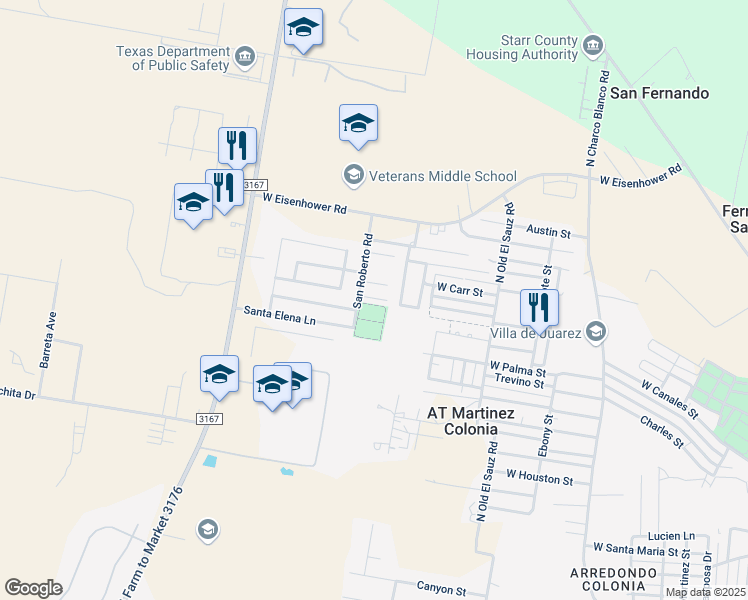 map of restaurants, bars, coffee shops, grocery stores, and more near 154 Gardenia Circle in Rio Grande City