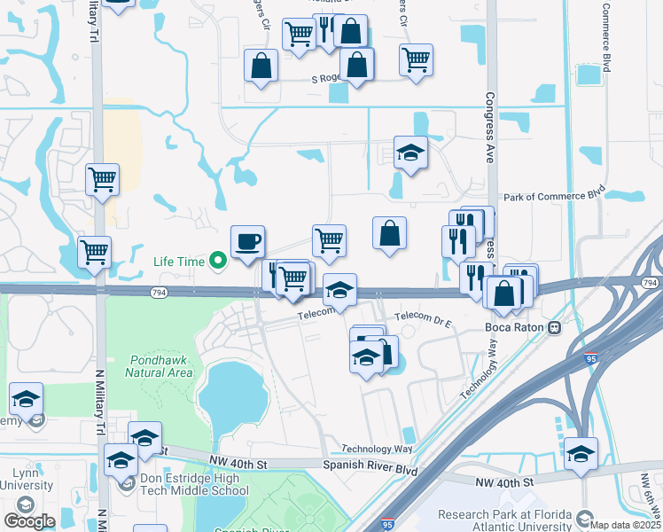 map of restaurants, bars, coffee shops, grocery stores, and more near 5400 Northwest Broken Sound Boulevard in Boca Raton