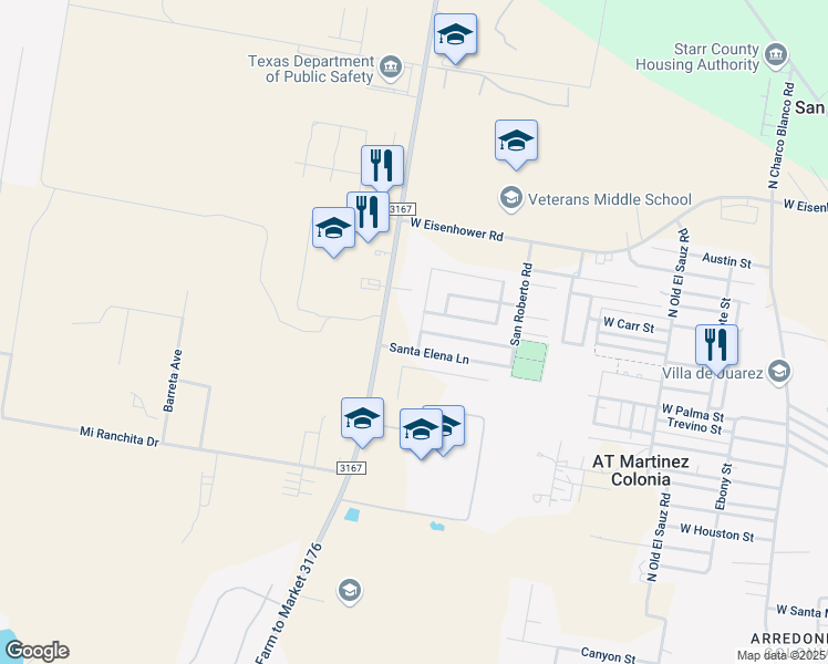 map of restaurants, bars, coffee shops, grocery stores, and more near 202 Santa Lucia Lane in Rio Grande City