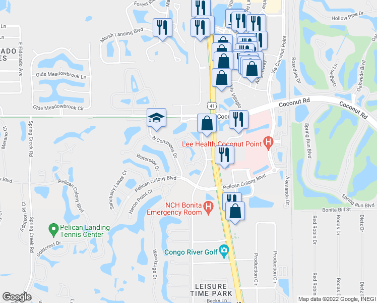 map of restaurants, bars, coffee shops, grocery stores, and more near 23640 Walden Center Drive in Bonita Springs