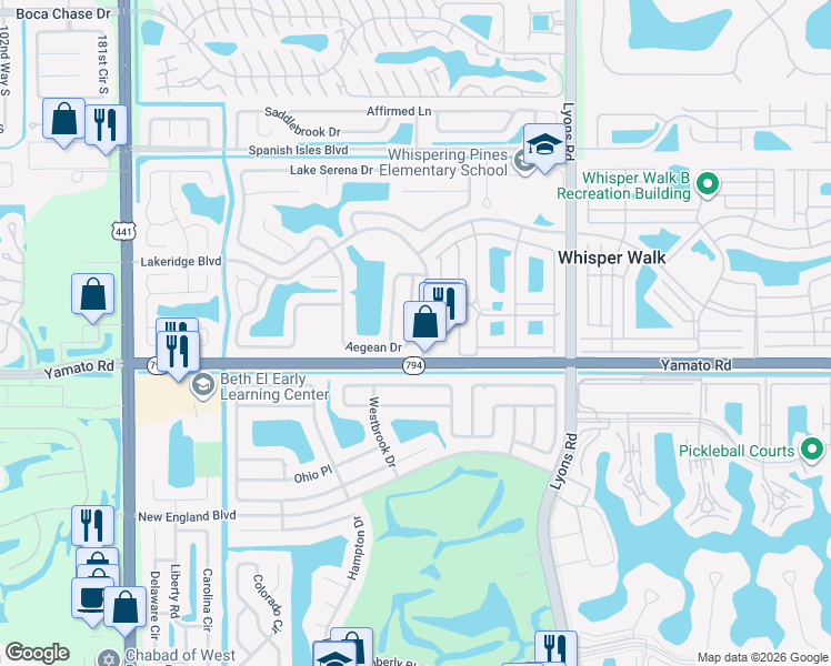 map of restaurants, bars, coffee shops, grocery stores, and more near 9406 Aegean Drive in Boca Raton