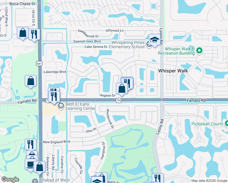 map of restaurants, bars, coffee shops, grocery stores, and more near 9397 Aegean Drive in Boca Raton