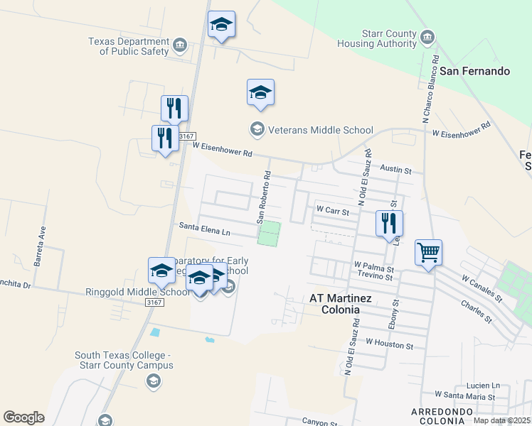 map of restaurants, bars, coffee shops, grocery stores, and more near 399 San Roberto Road in Rio Grande City