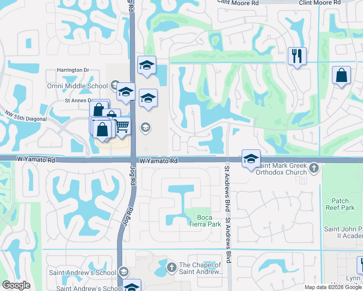 map of restaurants, bars, coffee shops, grocery stores, and more near 2598 Northwest 53rd Street in Boca Raton