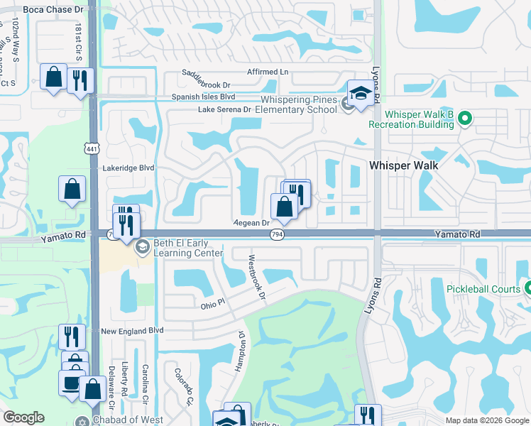 map of restaurants, bars, coffee shops, grocery stores, and more near 9397 Aegean Drive in Boca Raton