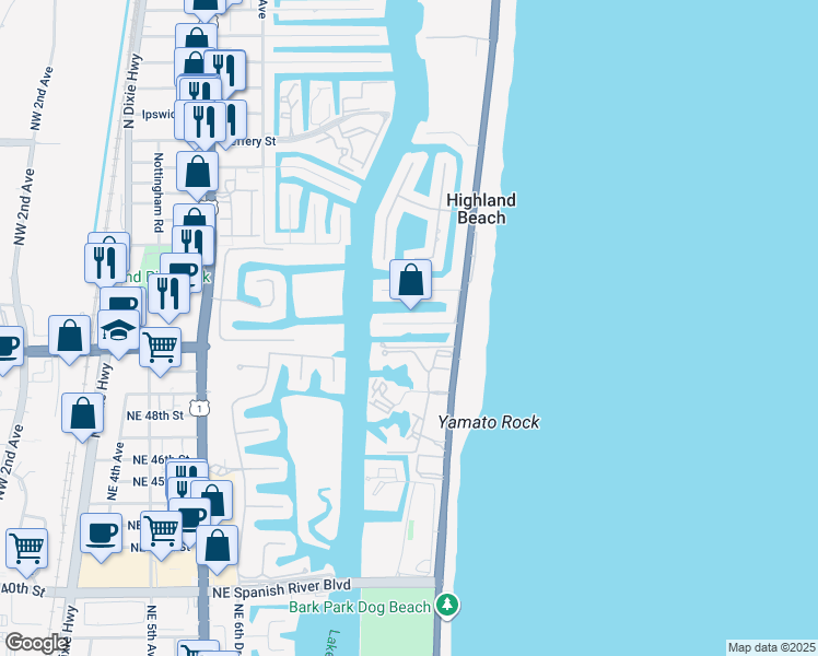 map of restaurants, bars, coffee shops, grocery stores, and more near 1040 Russell Drive in Highland Beach