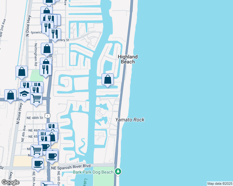 map of restaurants, bars, coffee shops, grocery stores, and more near 1130 Russell Drive in Highland Beach