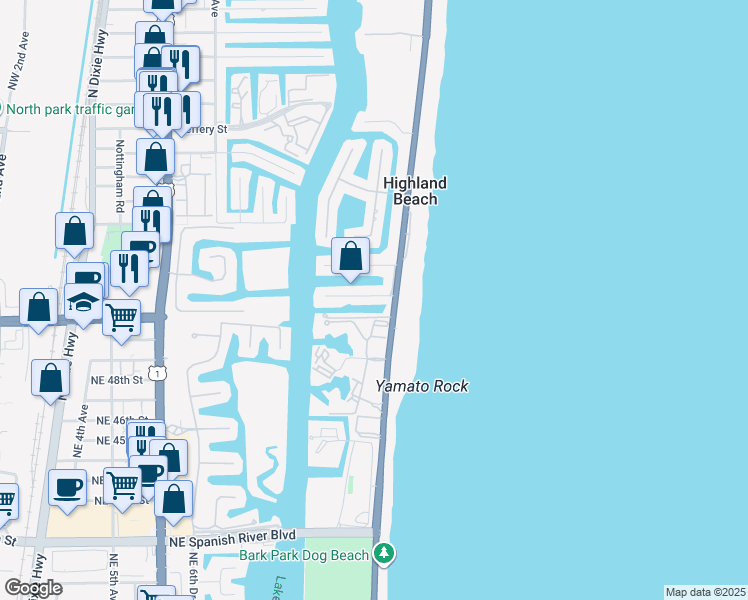 map of restaurants, bars, coffee shops, grocery stores, and more near 1126 Russell Drive in Highland Beach