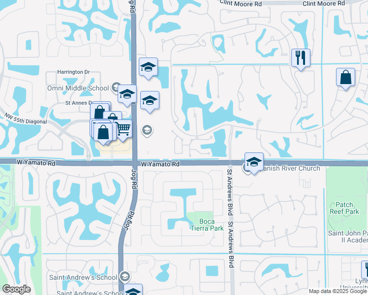 map of restaurants, bars, coffee shops, grocery stores, and more near 2598 Northwest 53rd Street in Boca Raton
