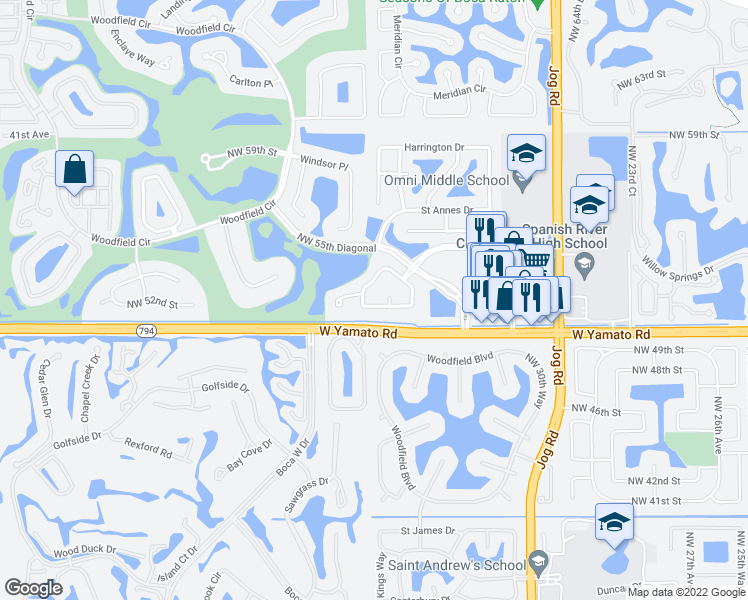 map of restaurants, bars, coffee shops, grocery stores, and more near 3347 Northwest 53rd Circle in Boca Raton