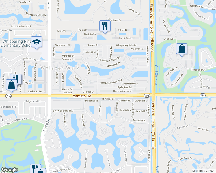 map of restaurants, bars, coffee shops, grocery stores, and more near 8285 Springtree Road in Boca Raton