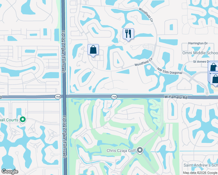 map of restaurants, bars, coffee shops, grocery stores, and more near 3949 Northwest 52nd Street in Boca Raton