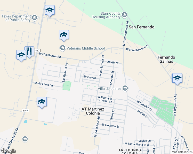 map of restaurants, bars, coffee shops, grocery stores, and more near 305 West Carr Street in Rio Grande City
