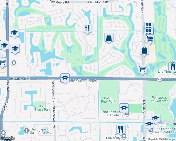 map of restaurants, bars, coffee shops, grocery stores, and more near 2420 Northwest 53rd Street in Boca Raton